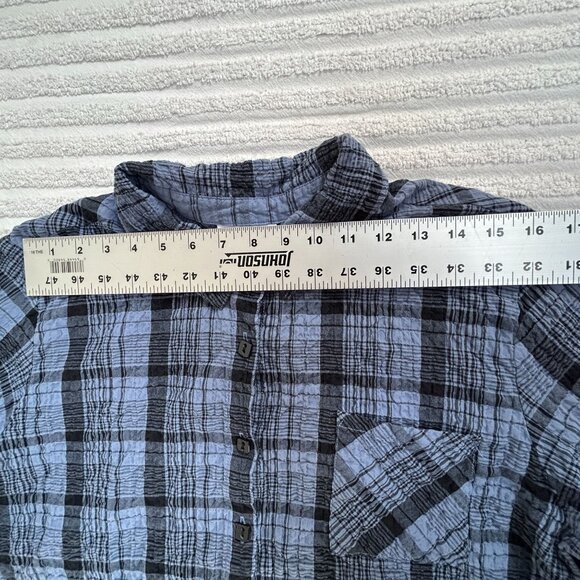 Habitat Womens Blue & Black Plaid Button-Up Crinkle Shirt Blouse XL Lightweight - Picture 6 of 8